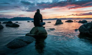 Un hombre en soledad viendo una puesta de sol en la costa