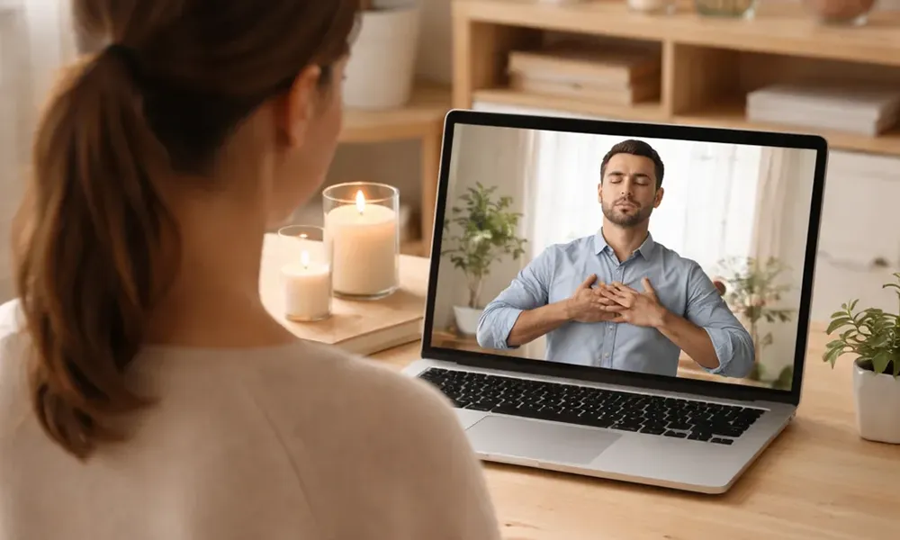 Une femme et un homme pratiquant la sophrologie à distance