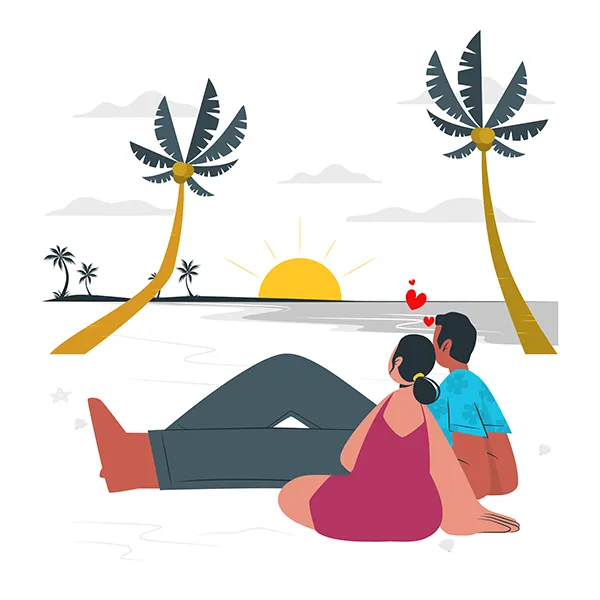 Illustration d'un couple détendu sur la plage, contemplant le coucher du soleil.