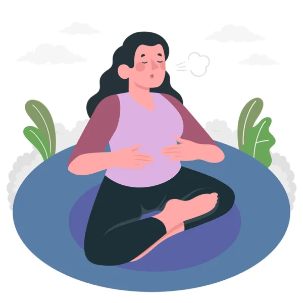 Ilustración de una mujer haciendo ejercicios de respiración sentada en el suelo