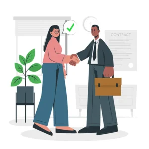 Ilustración de una mujer y un hombre en una empresa estrechándose la mano.