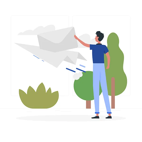 Illustration d'un homme lançant en l'air un avion en papier avec une enveloppe