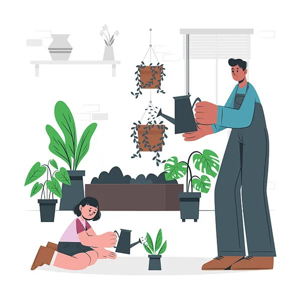 Un hombre y una niña regando las plantas en una habitación