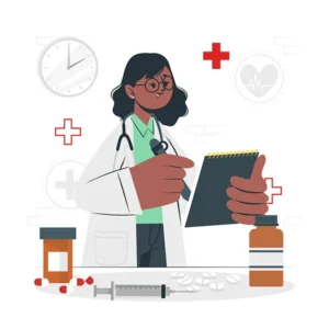 Ilustración de una mujer doctora consultando un informe de salud